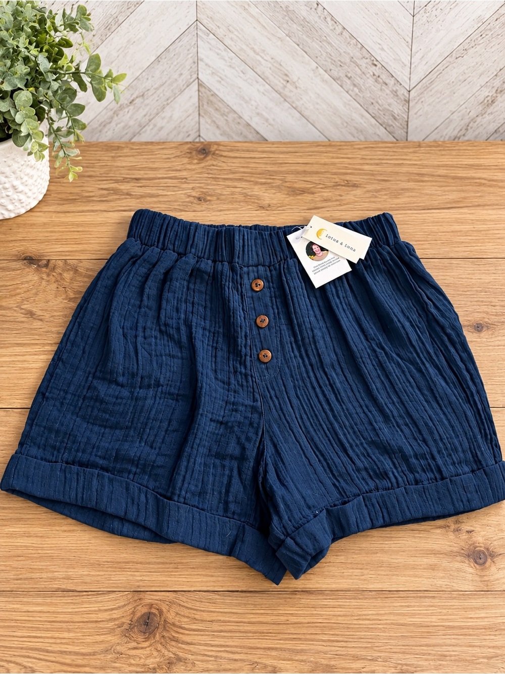 Lotus & Luna Pacific Beach Boxer Shorts Navy Double-Gauze Cotton Size M NWT